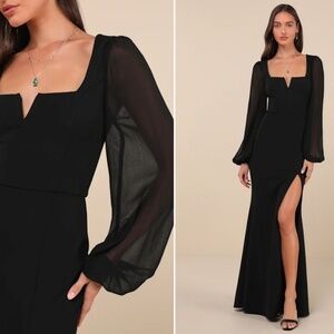 Lulu's Black Square Neck Long Sleeve Slit Gown